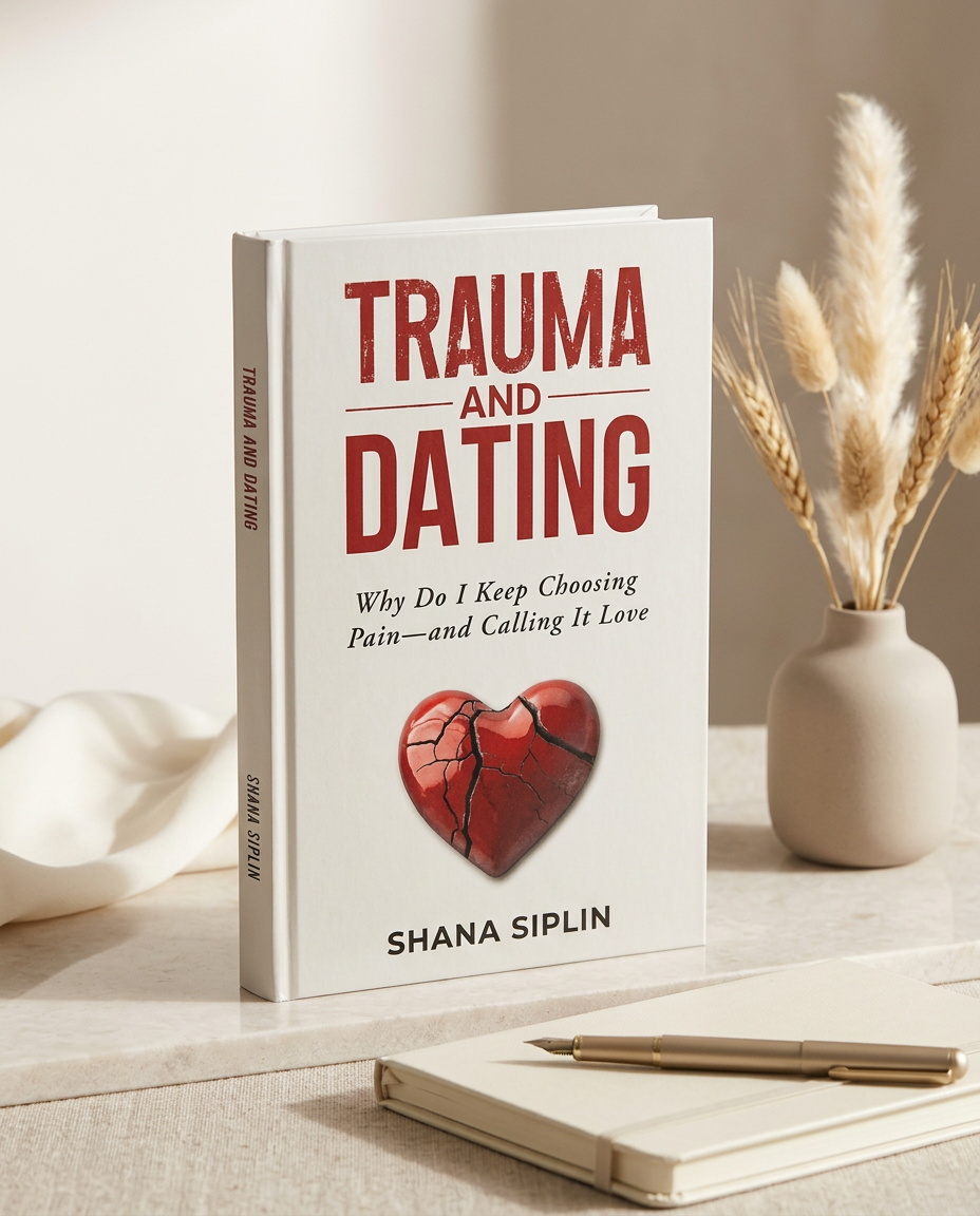 Trauma and Dating by Shana Siplin — hardcover book styled on a linen and stone editorial surface with a journal, fountain pen, and reading glasses
